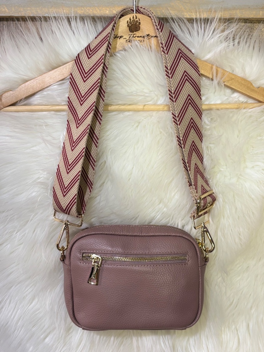 NWOT [Pom Pom · London] Leather Tan & Gold Chevron Crossbody Bag | Mauve Purse - Picture 9 of 16